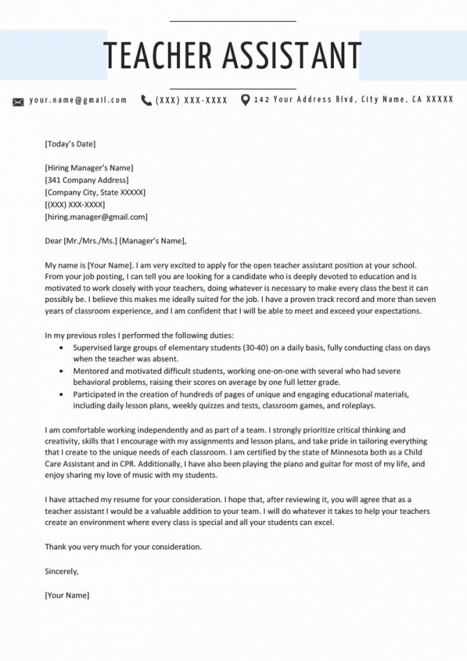 Cover Letter For Teacher Assistant Examples