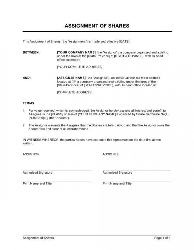 Assignment Of Shares Template
