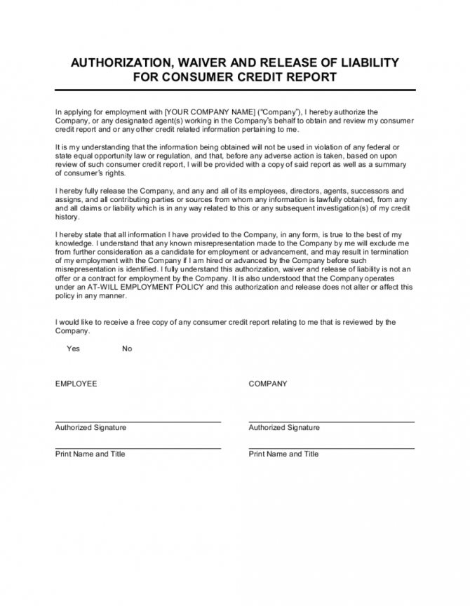 Authorization  Waiver  And Release For Employee Credit Report
