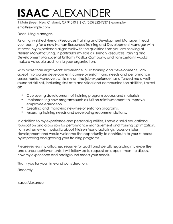 cover letter for training and development specialist