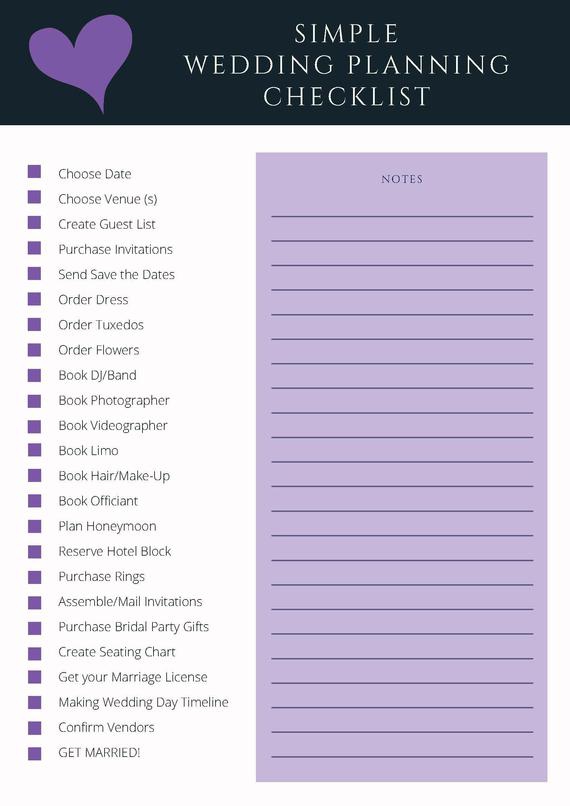 Black And Purple Heart Simple Wedding Planning Checklist
