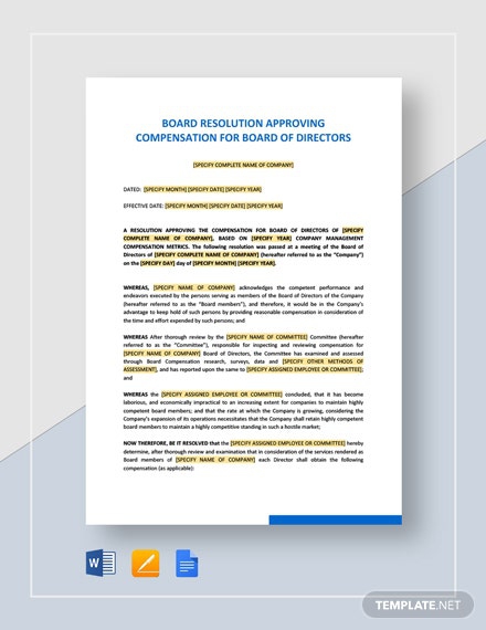 Board Resolution Approving Compensation For Board Of Directors Board Resolution Approving Compensation For Board Of Directors