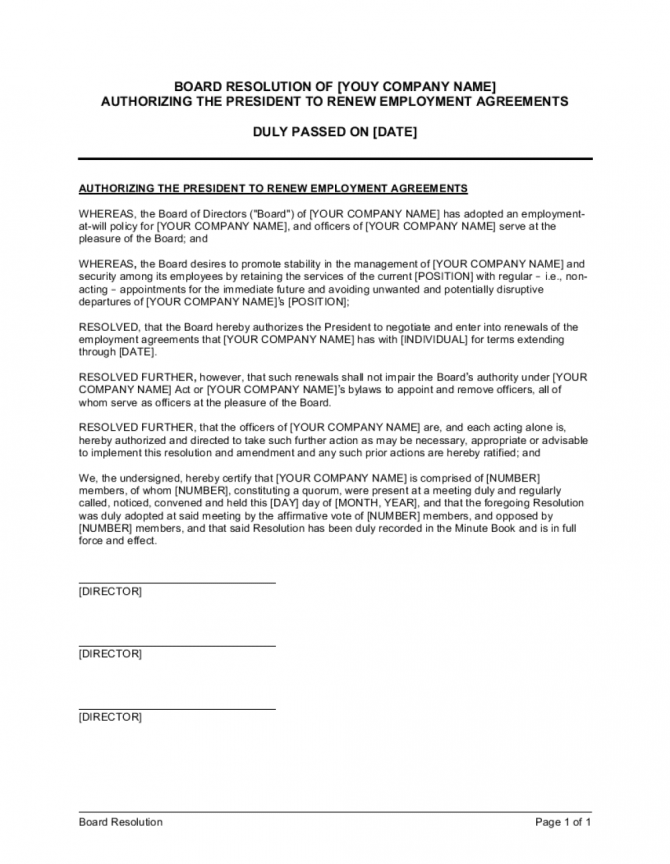 Board Resolution Authorizing The President To Renew Employment ...