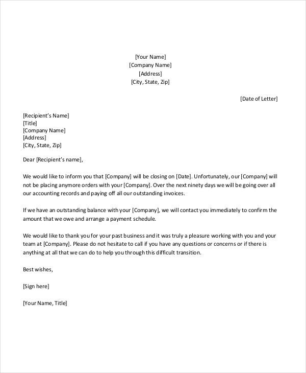 Small Business Sample Letter Of Closure Of Business