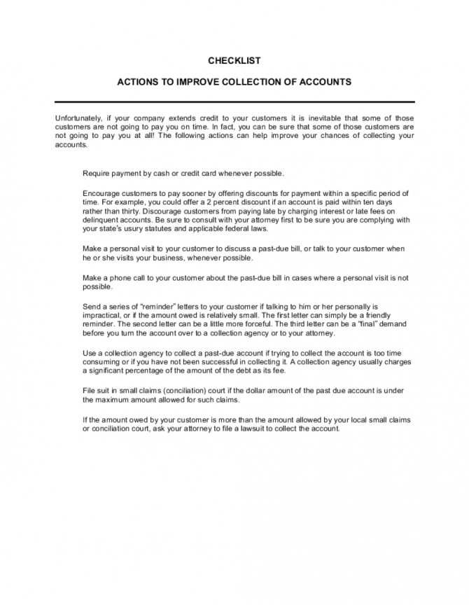 Checklist Action To Improve Collection Of Accounts Template