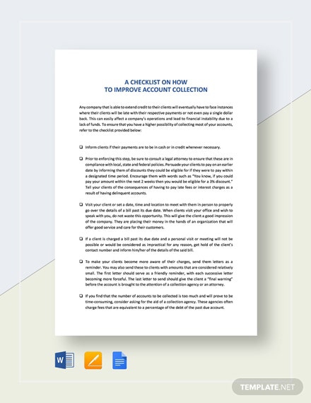 Checklist Action To Improve Collection Of Accounts Template