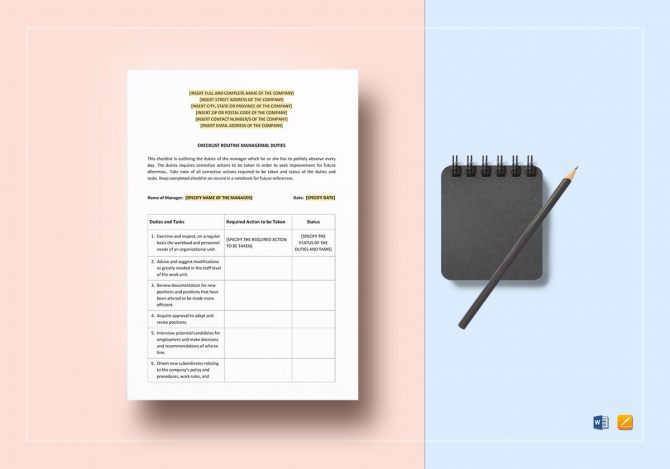 Checklist Routine Managerial Duties Template In Word  Apple Pages