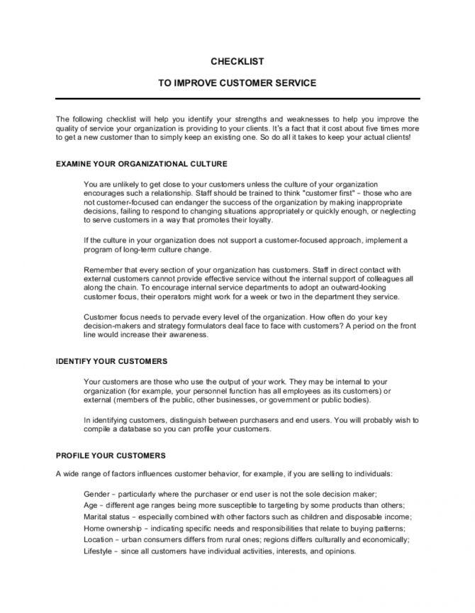 Checklist To Improve Customer Service Template