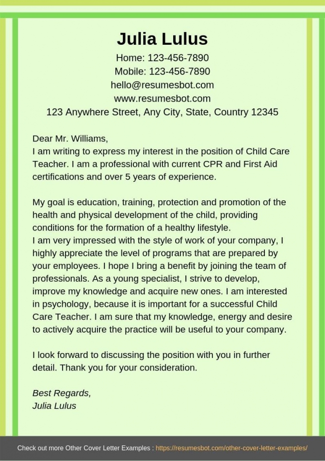 cover letter examples for daycare workers