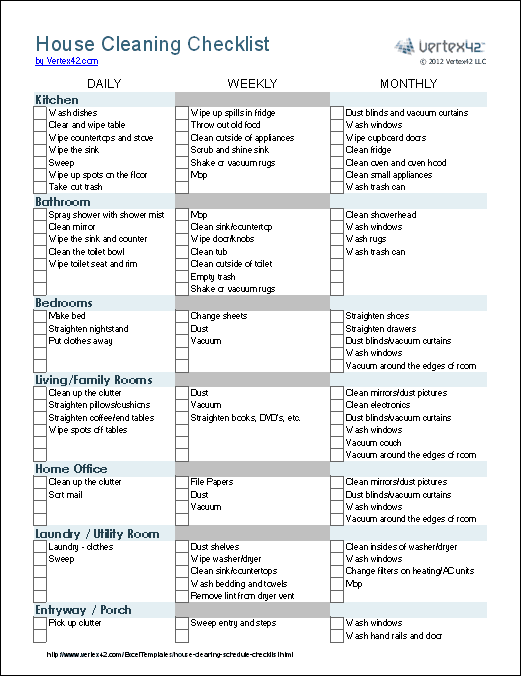 Cleaning List For Housekeeper