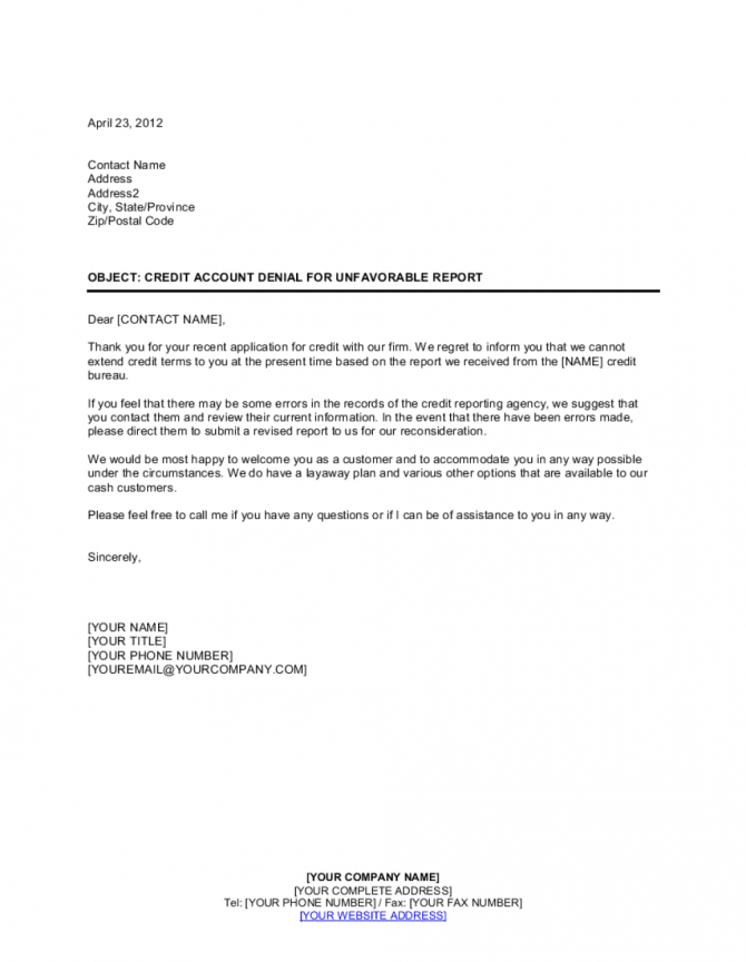 Company Credit Account Denial For Unfavorable Report Template