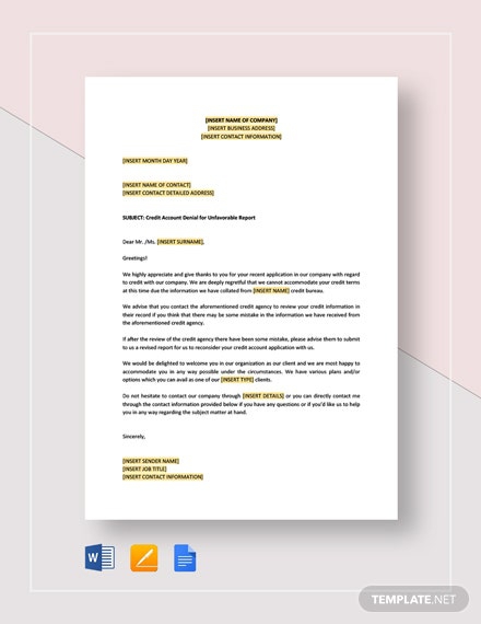 Company Credit Account Denial For Unfavorable Report Template