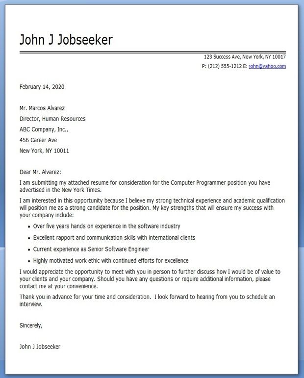 programmer analyst job application letter