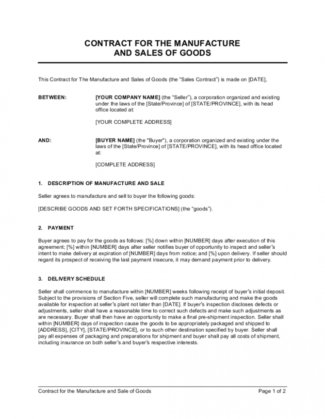 Contract For The Manufacture And Sale Of Goods Template