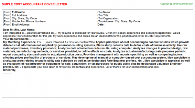 Cost Accountant Cover Letter