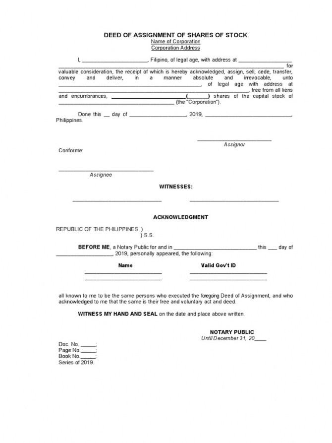 Deed Of Assignment Of Shares Of Stock Assignor