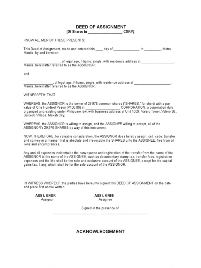Deed Of Assignment Of Shares Template