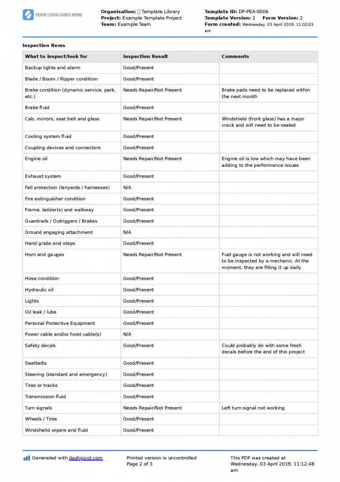 Equipment Inspection Checklist Template Free And Editable Checklist