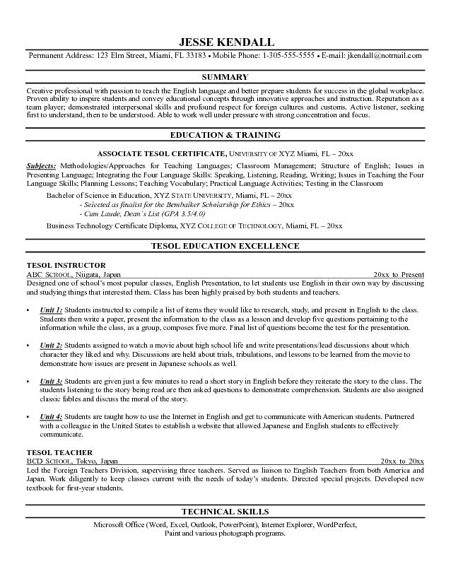 Example Of A Tesol Instructor Resume