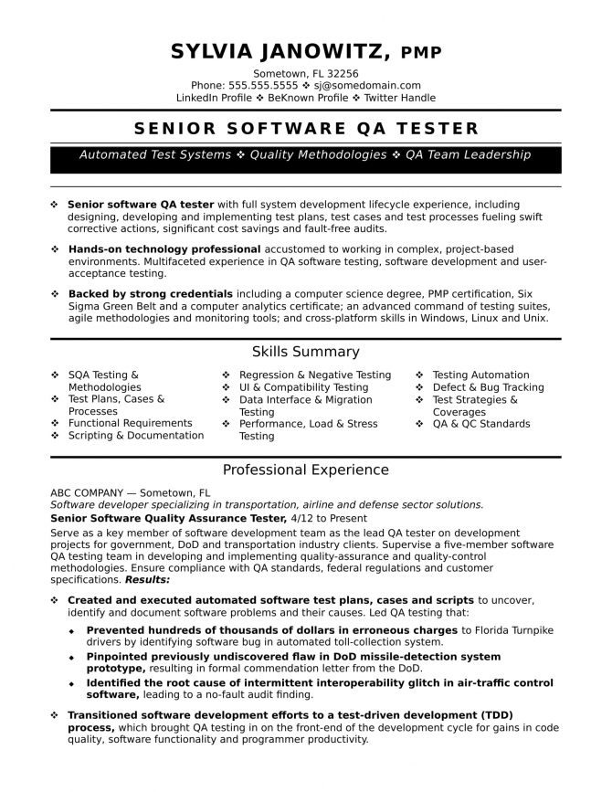 Experienced Qa Software Tester Resume Sample