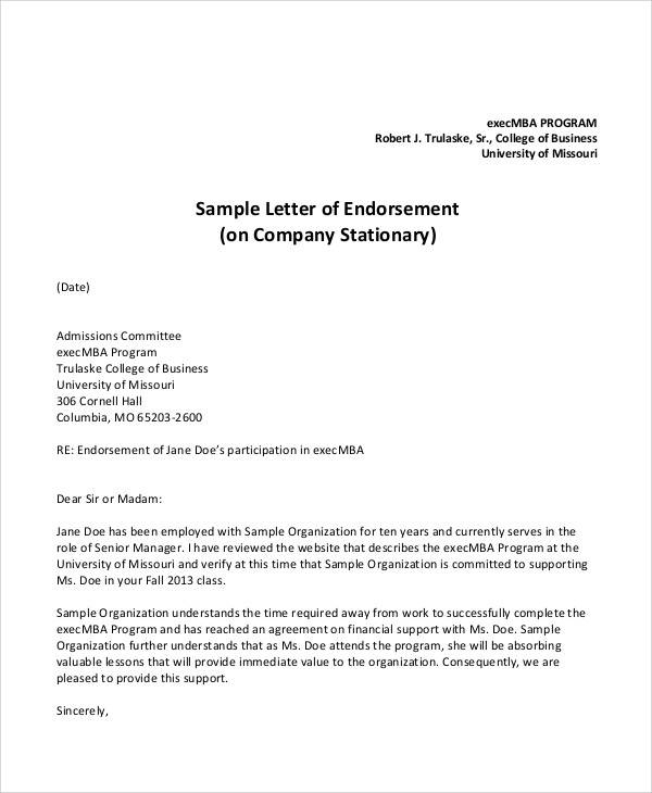 endorsement letter for thesis proposal