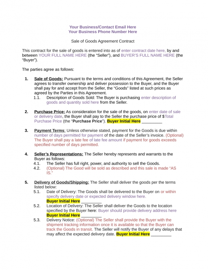 Free  Sale Of Goods Agreement Contract Forms In Pdf