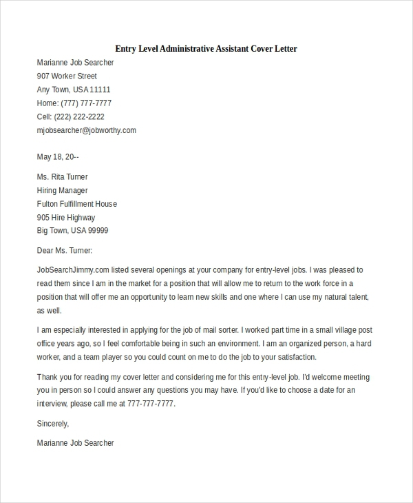 Free  Sample Administrative Assistant Cover Letters In Ms Word