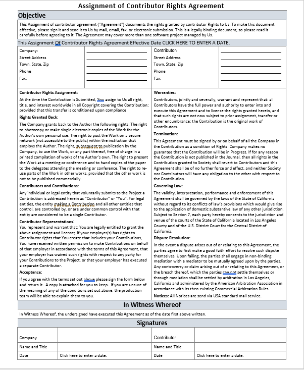 Free Assignment Of Contributor Rights Agreement Templates
