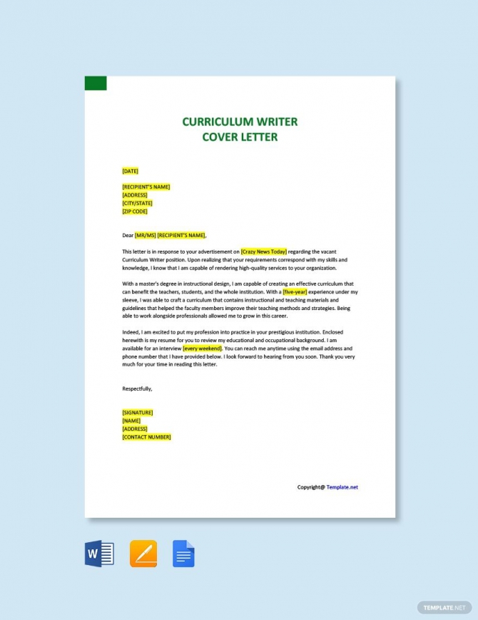 Free Curriculum Writer Cover Letter Template In