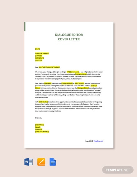Free Dialogue Editor Cover Letter Template