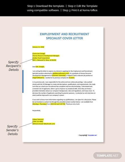 Free Employment And Recruitment Specialist Cover Letter Template