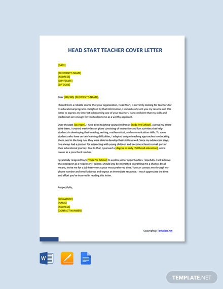 Free Head Start Teacher Cover Letter Template