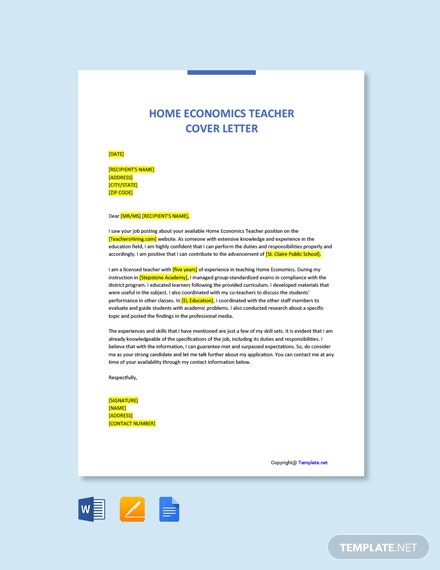 Free Home Economics Teacher Cover Letter Template