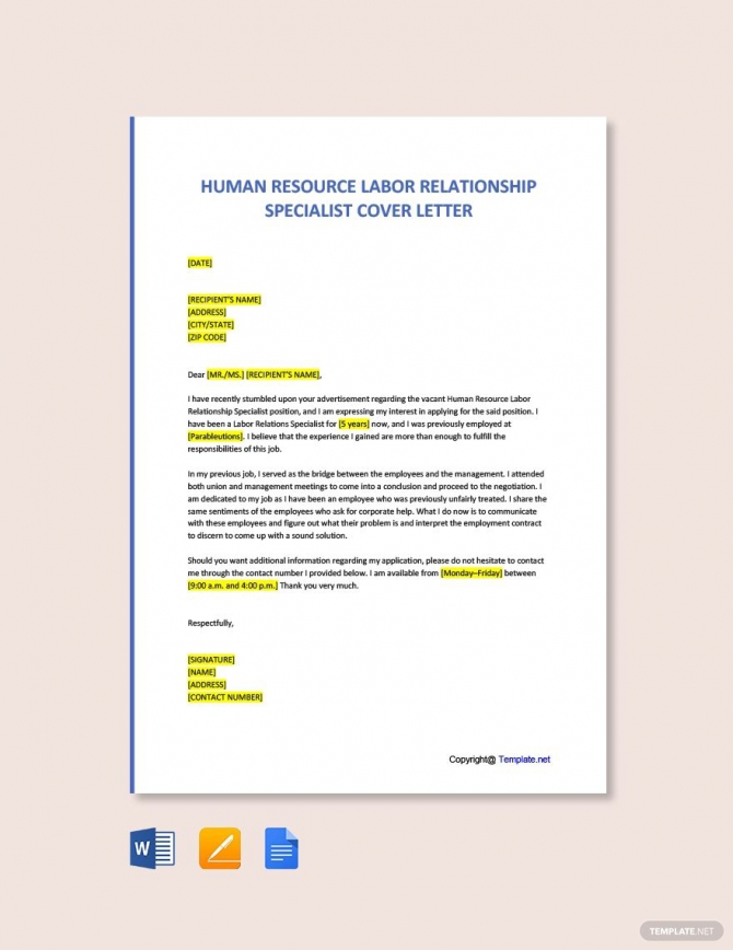 Free Human Resource Labor Relationship Specialist Cover Letter Free Human Resource Labor Relationship Specialist Cover Letter