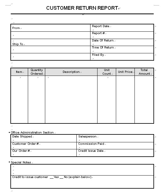 Free Online Business Document Templates Customer Return Report