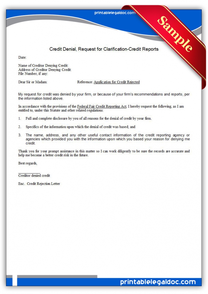Free Printable Credit Denial  Request For Information Form Generic