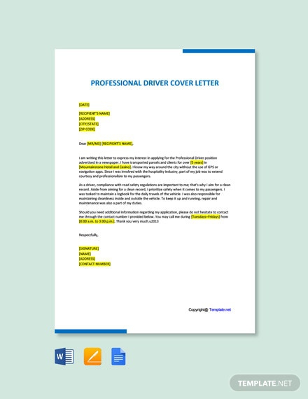 Free Professional Driver Cover Letter Template