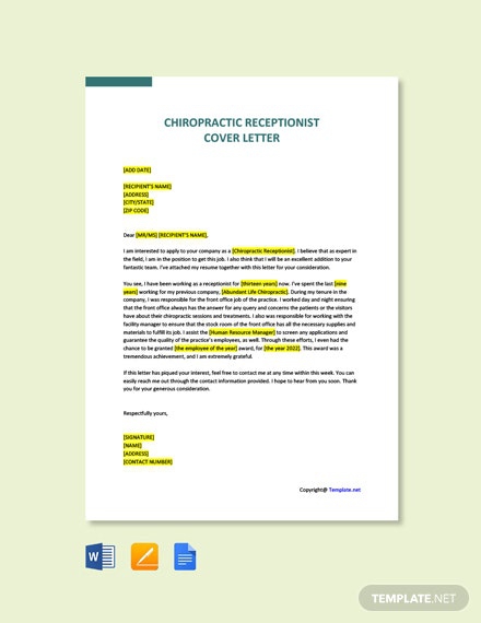Free Sample Chiropractic Receptionist Cover Letter Template