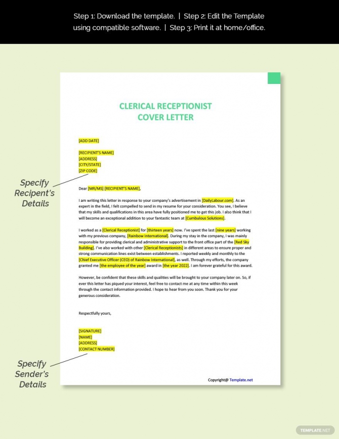 Free Simple Clerical Receptionist Cover Letter Template In