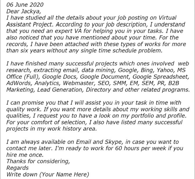 sample cover letter virtual assistant