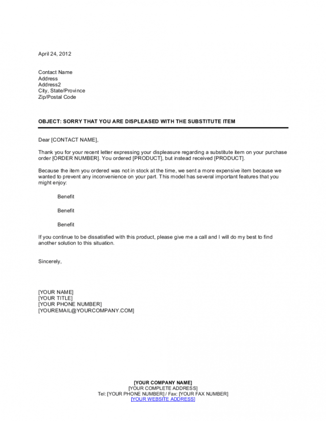 I Am Sorry You Are Displeased With The Substitute Item Template