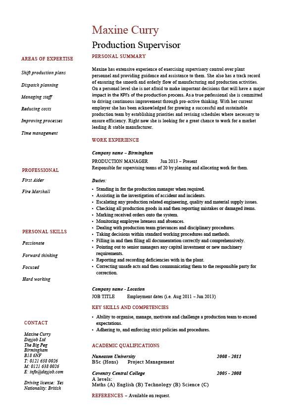 Production Supervisor Resume Sample Example Template Job Production Supervisor Resume Sample Example Template Job