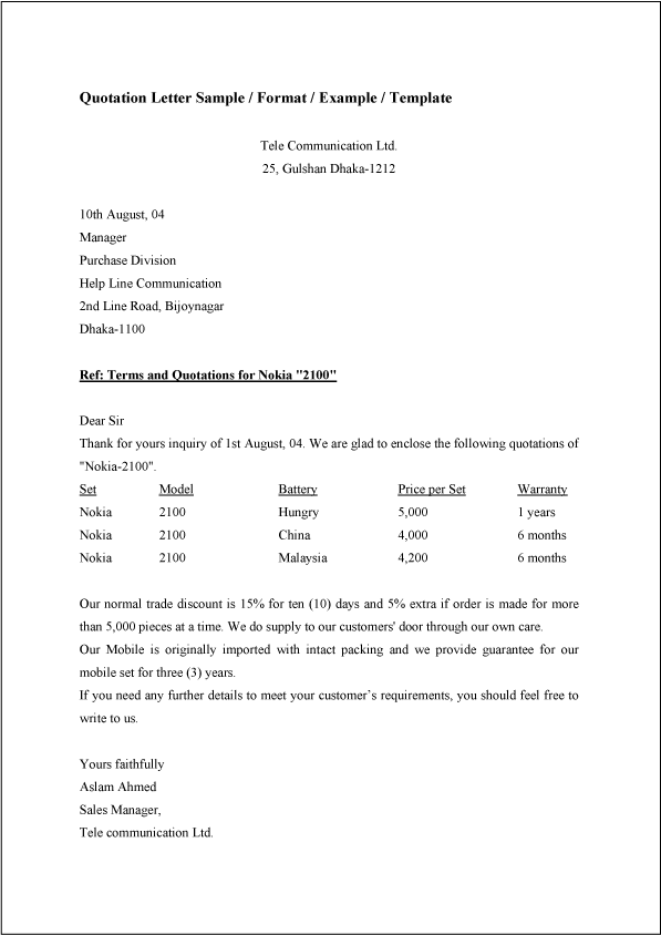 Quotation Letter Sample  Format  Example  Template