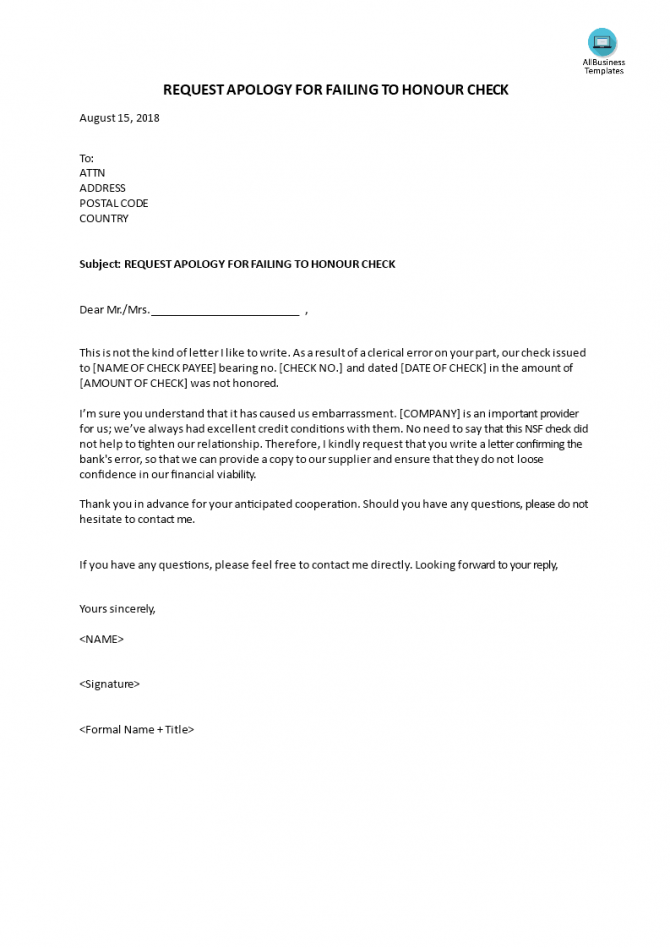 Request Apology For Nsf Check Due To Error Request Apology For Nsf Check Due To Error