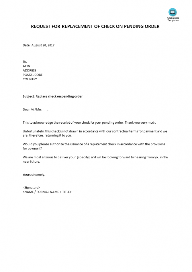 Request For Replacement Of Check On Pending Order