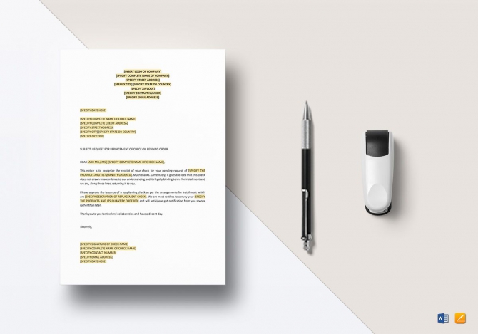 Request For Replacement Of Check On Pending Order Template In Word