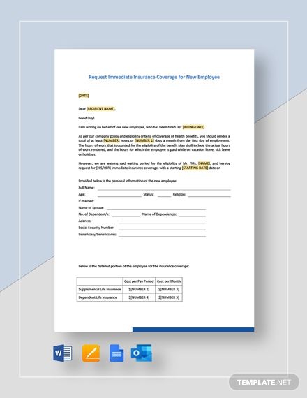 Request Immediate Insurance Coverage For New Employee Template In Request Immediate Insurance Coverage For New Employee Template In