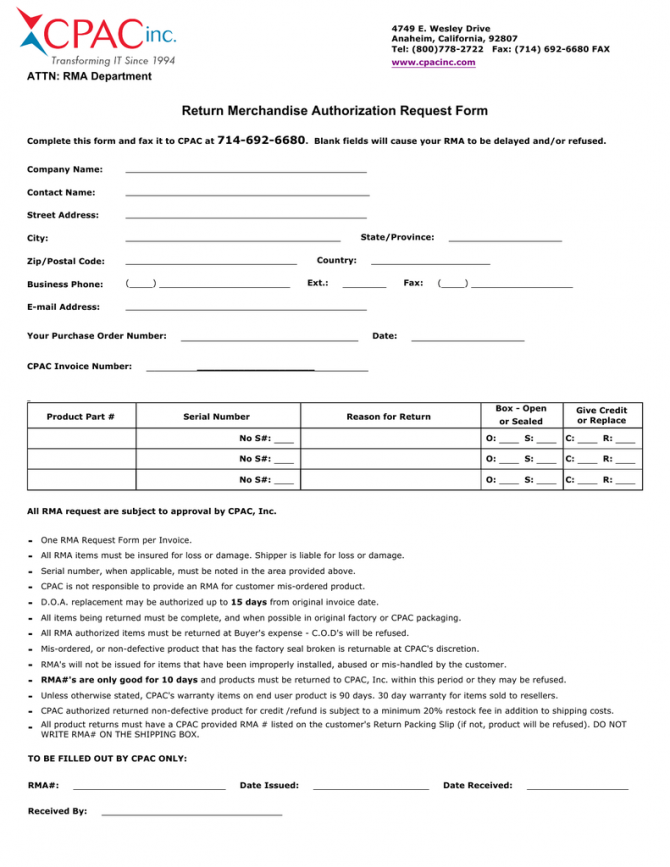 Return Merchandise Authorization Request Form