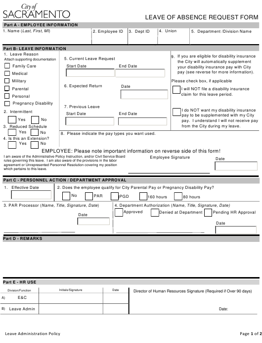 Sacramento  California Leave Of Absence Request Form Download