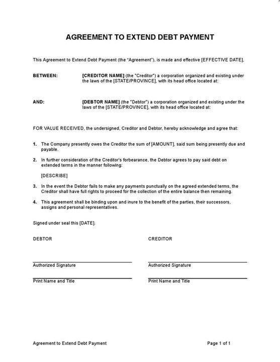 Sample Agreement To Extend Debt Payment Template